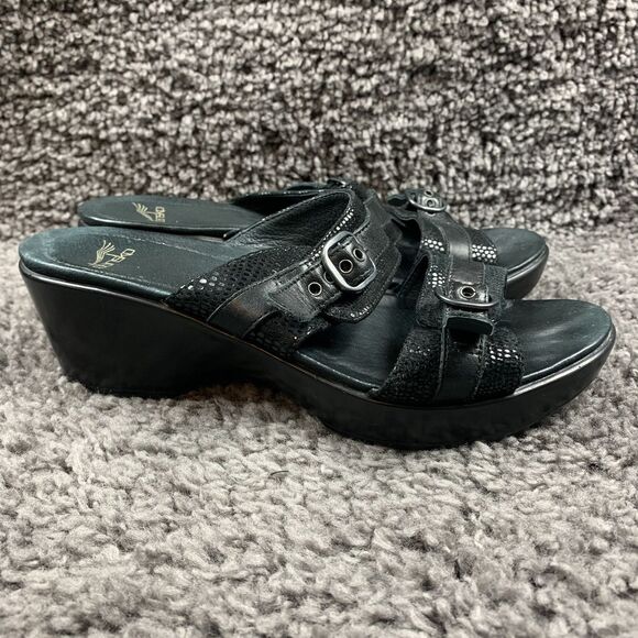 Dansko Jessie Sandals Black Leather Lizard Slip On Slide Heels Buckle EU 40 - Picture 4 of 8